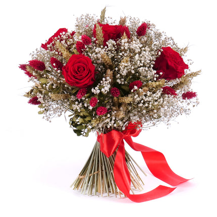 Irigo sušená kytica preparované červené ruže a Lindor